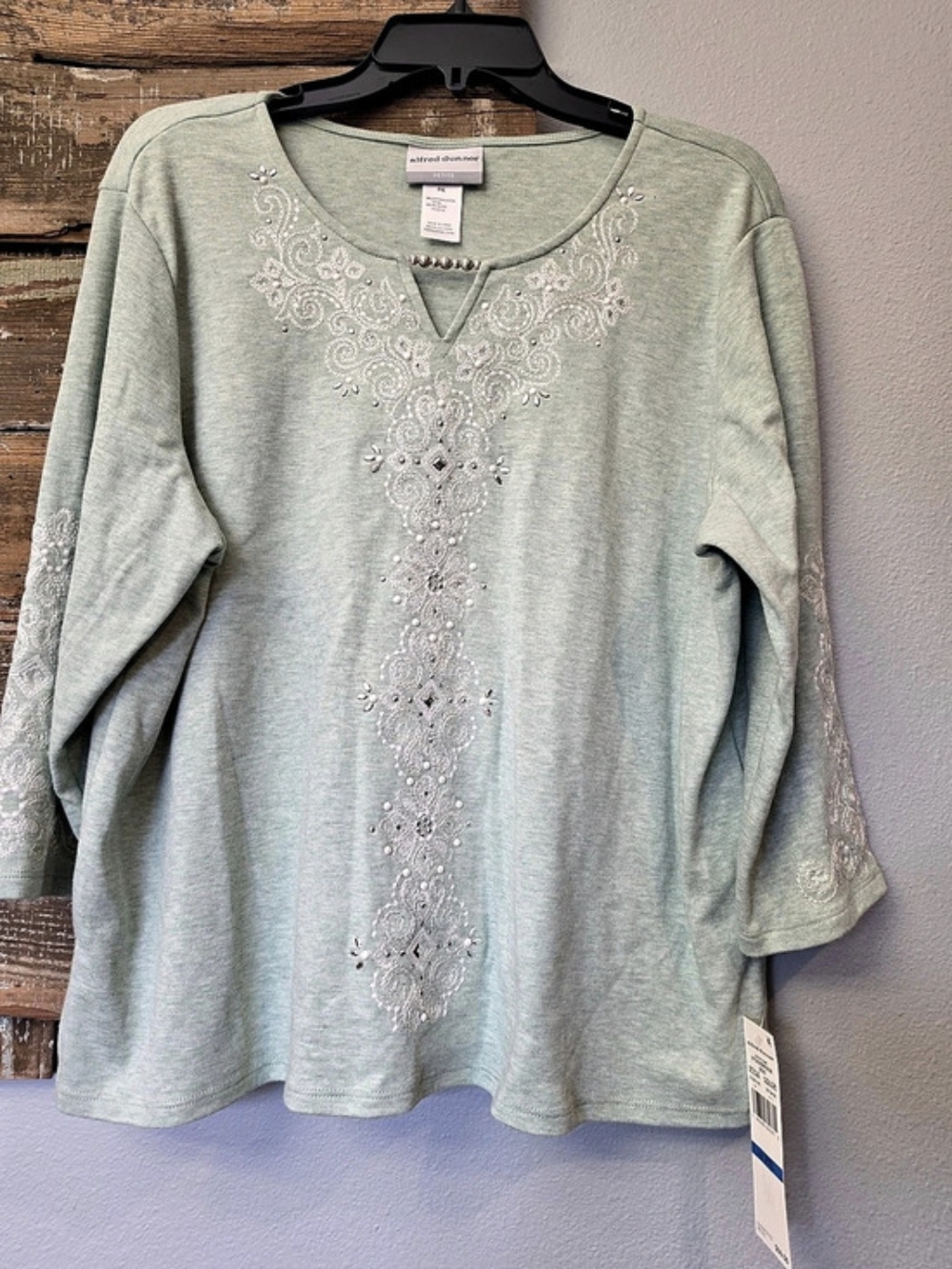 alfred dunner Stockbridge Embellished Pxl Neck Top Embellished Tunic Sage.